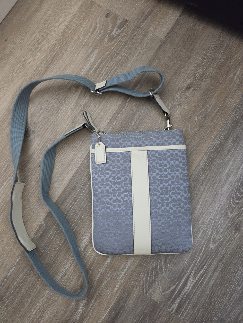 COACH Signature Stripe Mini C Swingpack Crossbody Bag Light Blue Jacquard Canvas